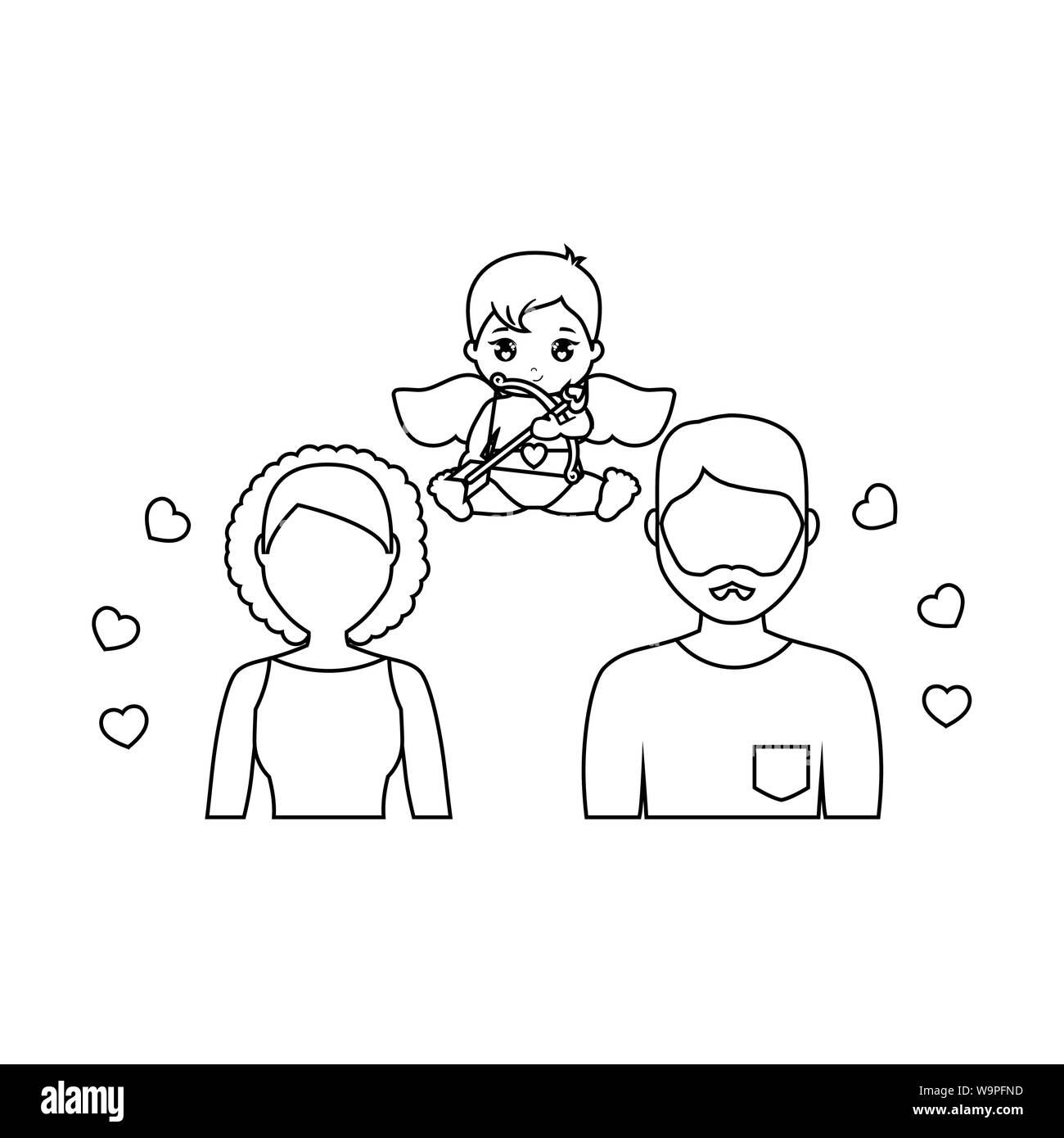 young couple lovely with cupid and hearts vector illustration design ...