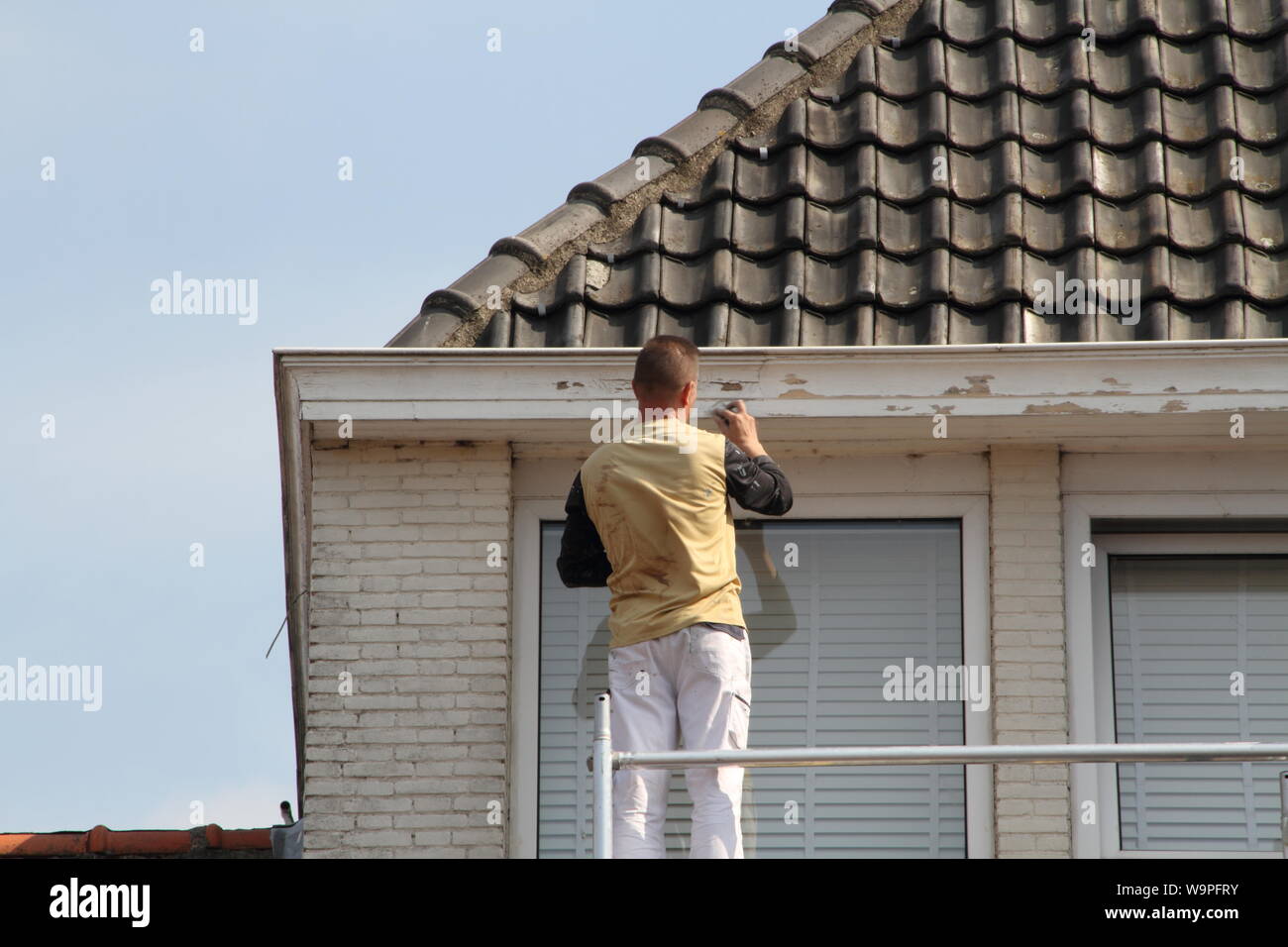 a painter at work on the scaffold Stock Photo - Alamy