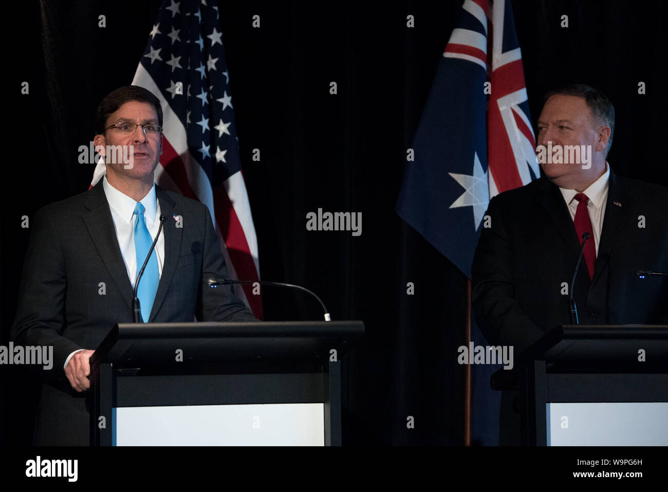 U.S. Secretary of State Mike Pompeo and Secretary of Defense Dr. Mark T. Esper hold a press conference with their Australian counterparts, Minister of Foreign Affairs Marise Payne and Minister of Defence Linda Reynolds, at the Parliament of New South Wales building, Sydney, Australia, Aug. 4, 2019. (DoD photo by U.S. Army Sgt. Amber I. Smith) Stock Photo