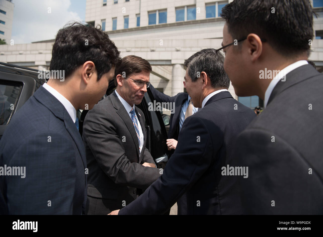 U.S. Secretary of Defense Dr. Mark T. Esper meets with Korean Minister of Defense Jeong Kyeong-doo in Seoul, Republic of Korea, Aug. 9, 2019. (DoD photo by U.S. Army Sgt. Amber I. Smith) Stock Photo