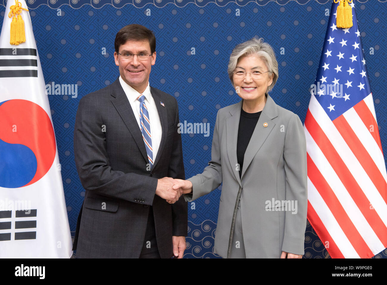 U.S. Secretary of Defense Dr. Mark T. Esper meets with Korean Foreign Minister Kang Kyung-wha in Seoul, Republic of Korea, Aug. 9, 2019. (DoD photo by U.S. Army Sgt. Amber I. Smith) Stock Photo