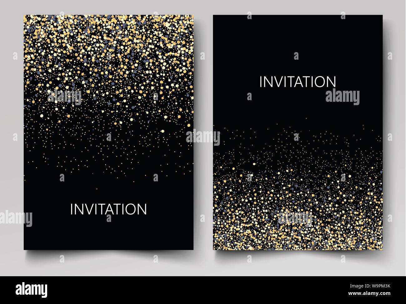 Invitation template with gold glitter confetti background. Festive greeting cards design for