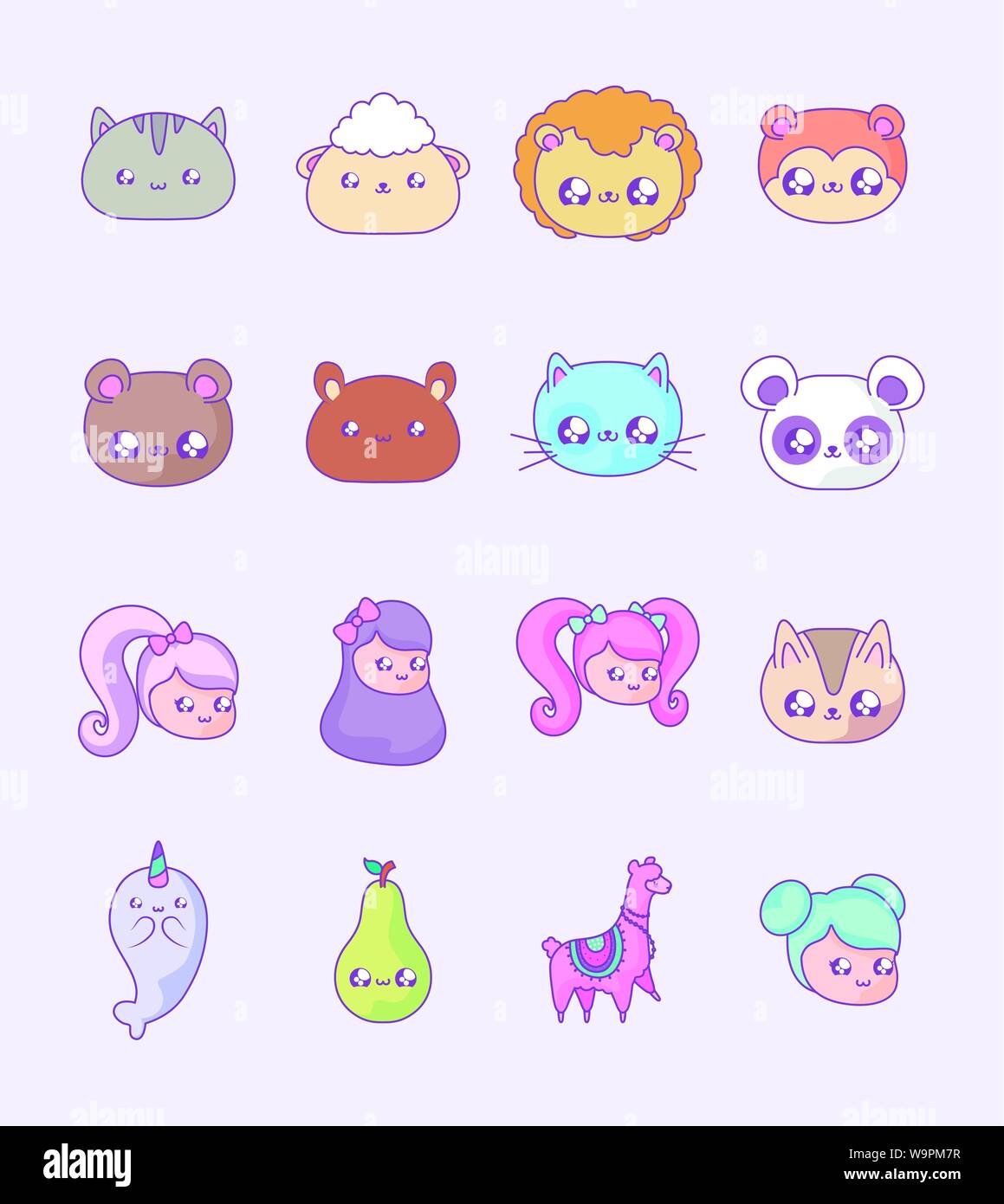 set cute animals with girls and fruit kawaii style vector illustration  design Stock Vector Image \u0026 Art - Alamy, image size:1159x1390