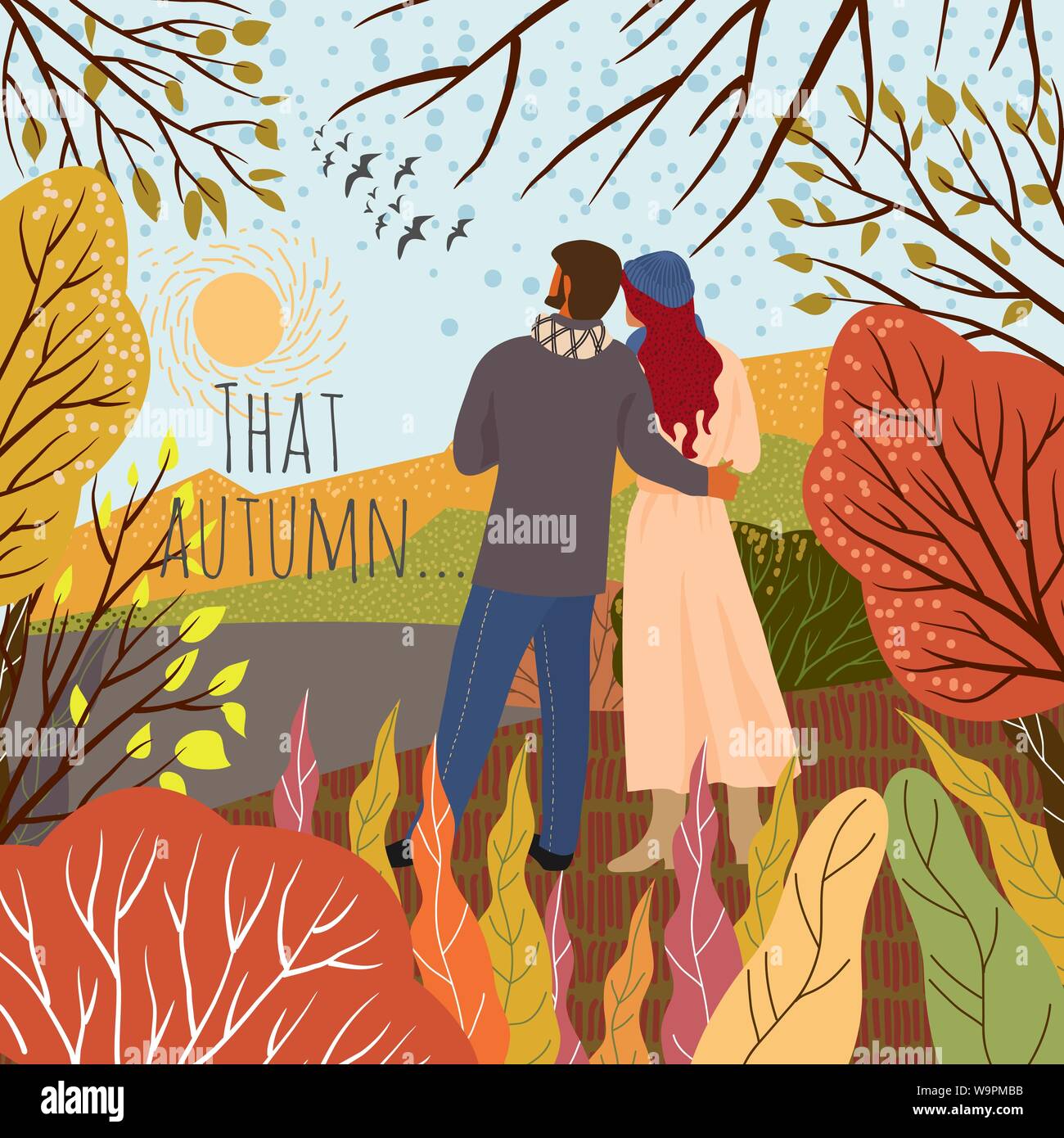 Young couple meets new autumn day. Sunrise, hills,trees, flying birds, natural landscape in a trendy flat cute style. Vector Stock Vector