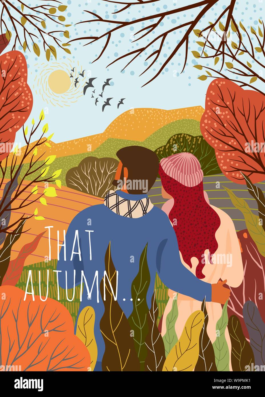 Young couple meets new autumn day. Sunrise, hills,trees, falling leaves, flying birds, natural landscape in a trendy flat cute style. Vector Stock Vector