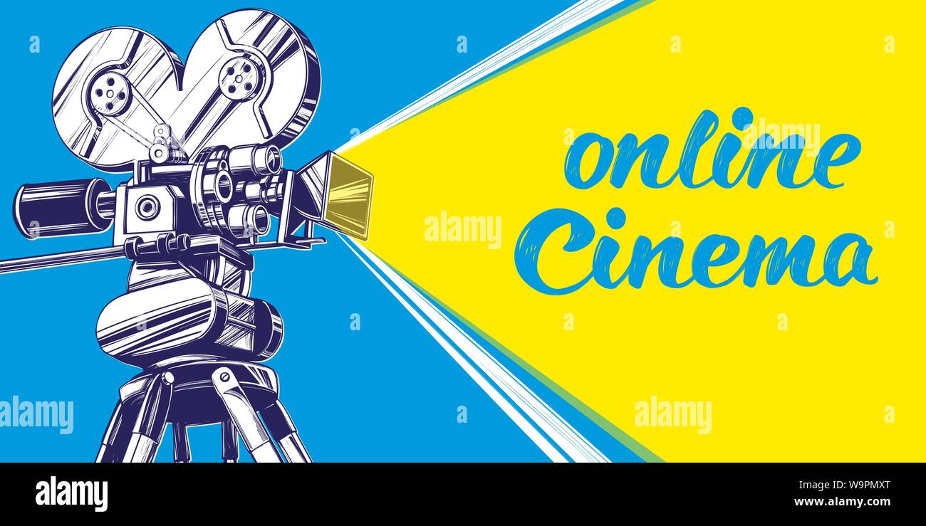 cinema logo festival, vintage old movie camera, , calligraphic text hand drawn vector illustration realistic sketch Stock Vector
