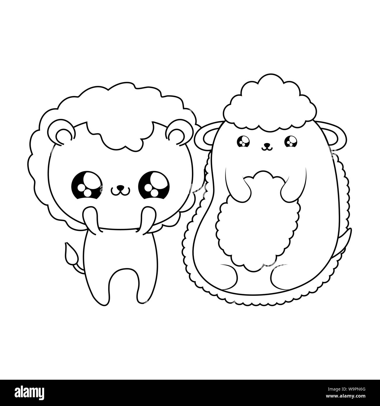 cute lion with sheep baby animals kawaii style vector illustration ...