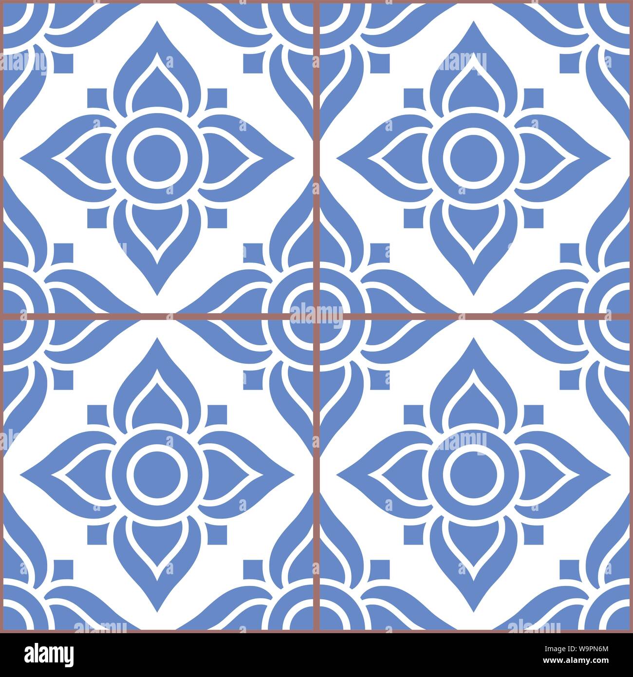Azujelo Lisbon tile vector pattern - Lisbon tiles seamless design with flowers , tile decor in navy blue - Portuguese retro tile ornament, repetitve. Stock Vector