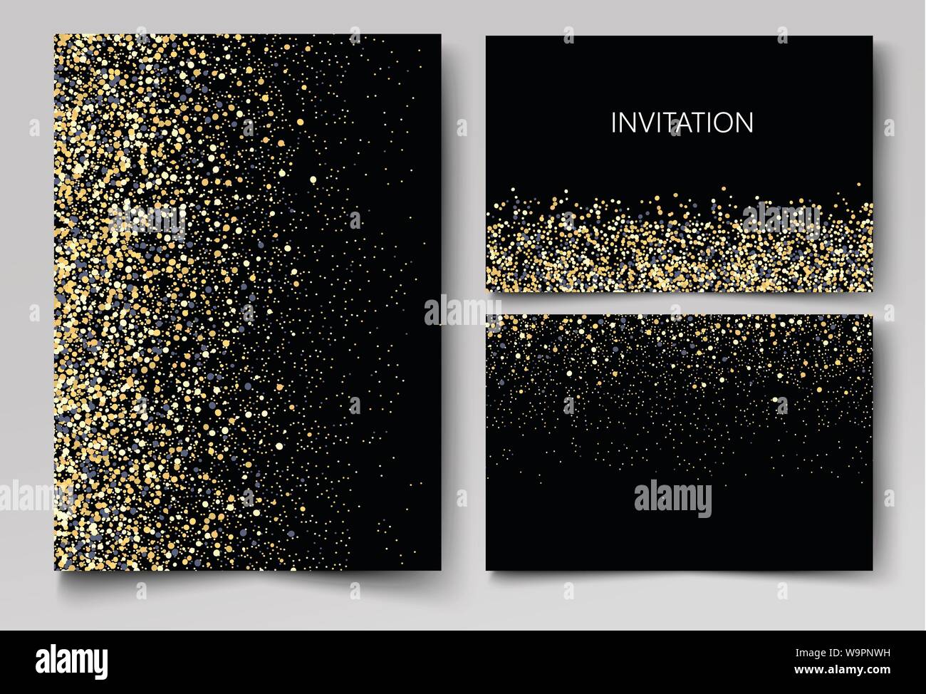 Wedding set cards with the abstract golden confetti backgrounds.Vector