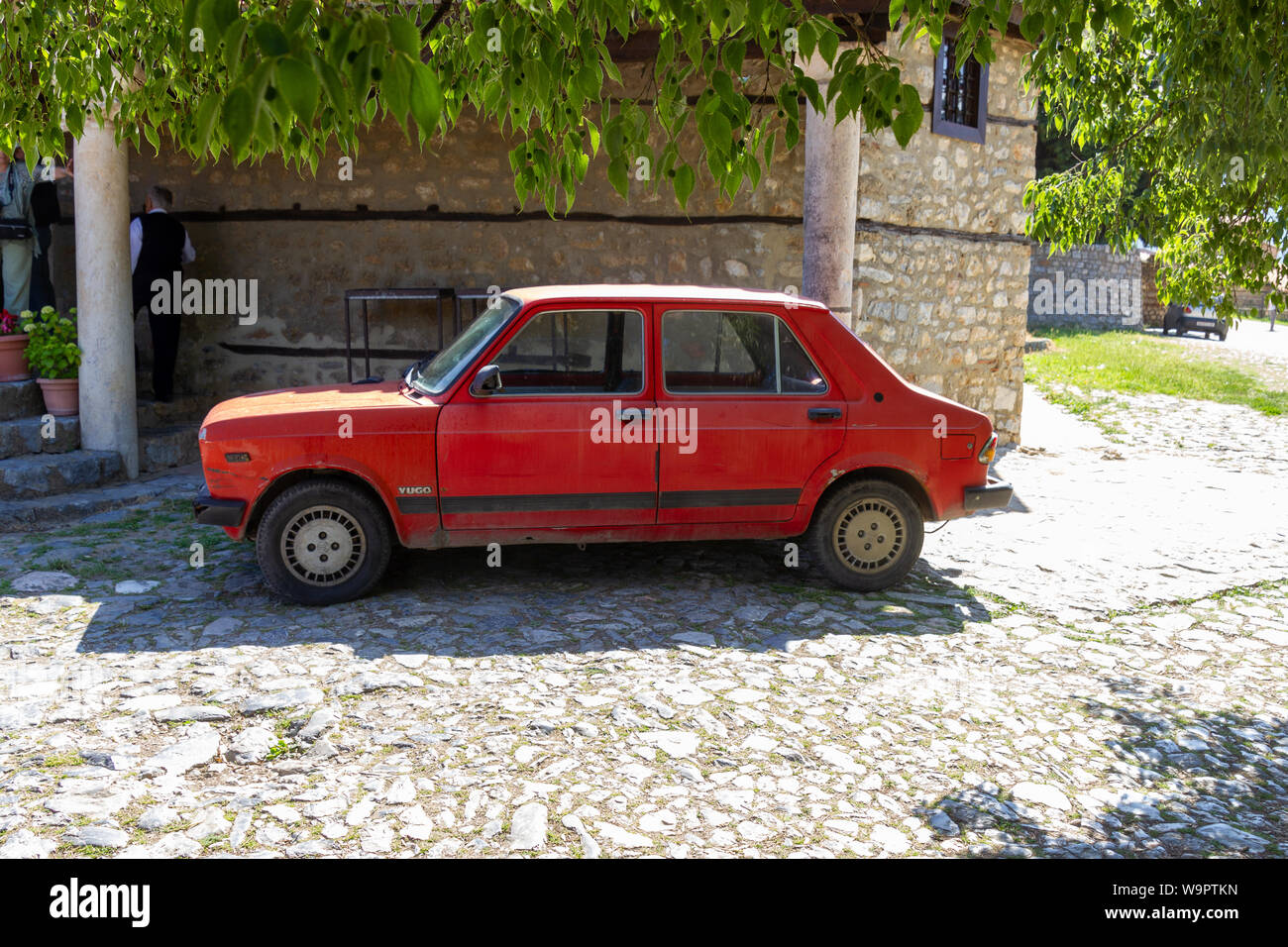OHRID, MACEDONIA - MAY 30, 2018: Old Yugo car parked in Ohrid Stock Photo