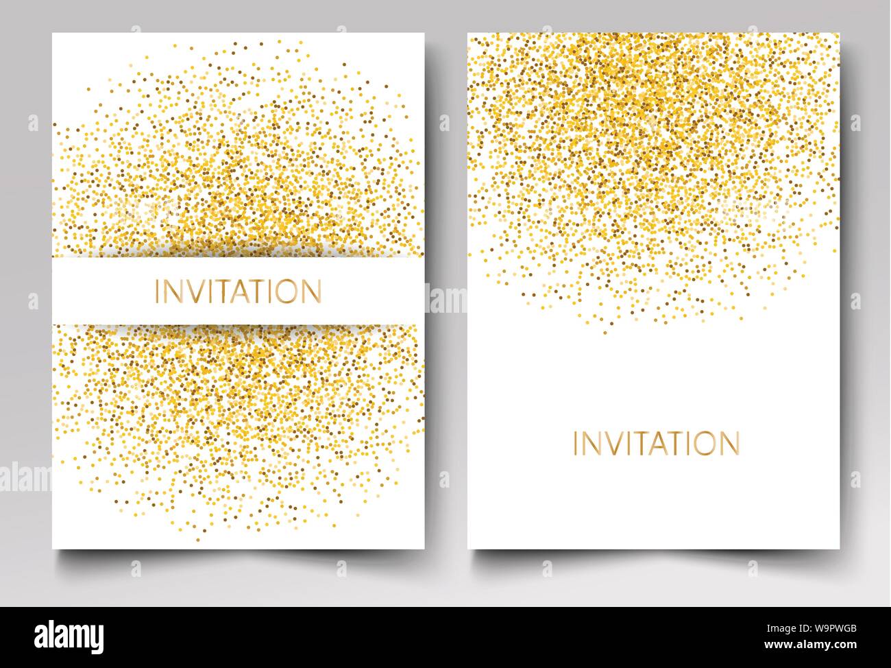 Template design of invitation gold glitter confetti on white background