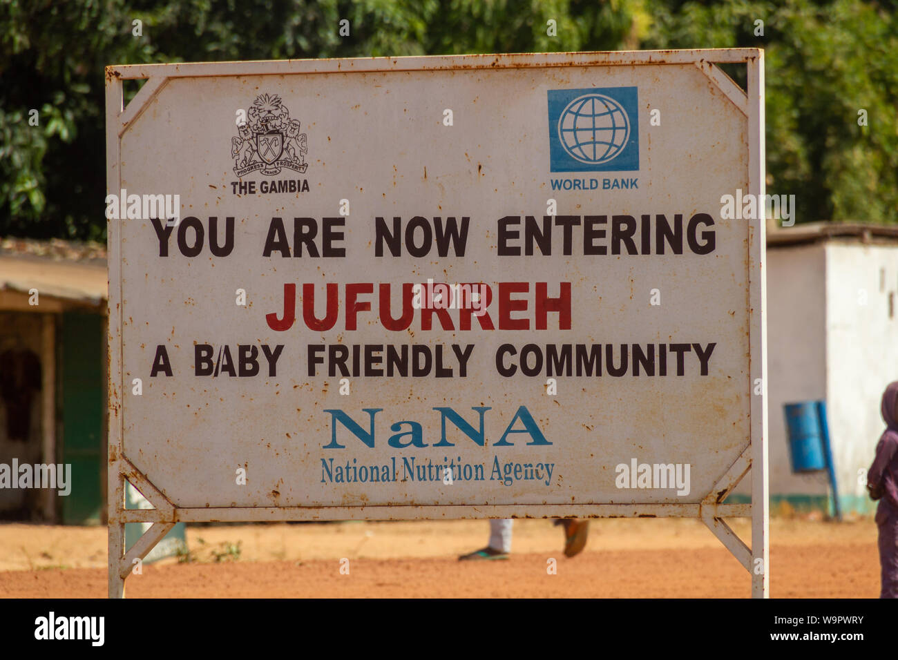 JUFUREH, GAMBIA- JAN 12, 2014: Sign of the village Jufurreh. The village is famous as birthplace of Kunte Kinte Stock Photo