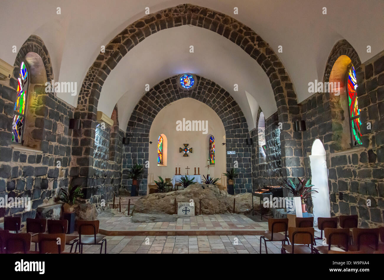 Tabgha, Israel - May 18 2019 : The Mensa Christi in Church of the Primacy of St. Peter., Tabgha, Israel Stock Photo
