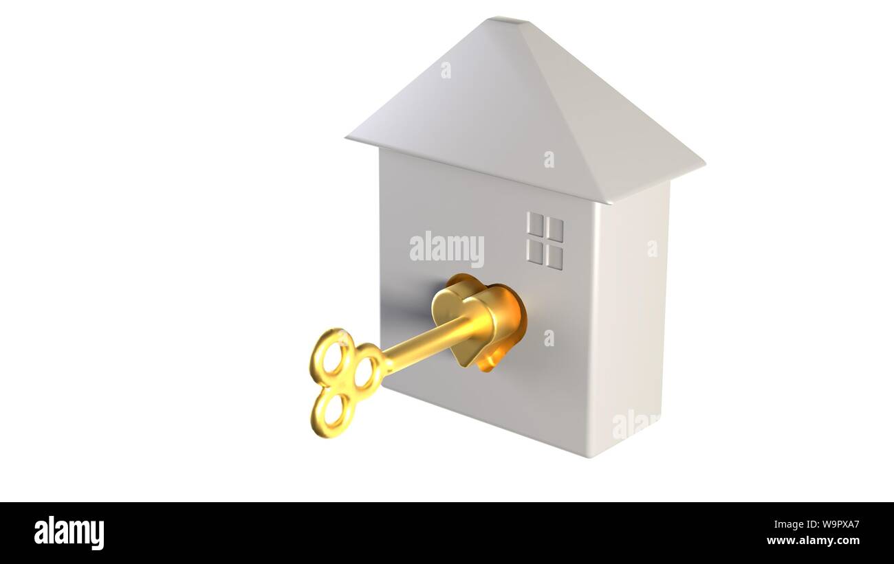 3d rendering key to happiness Happy home keys to first perfect fit home love affection happy housing market golden key opportunity concept Stock Photo