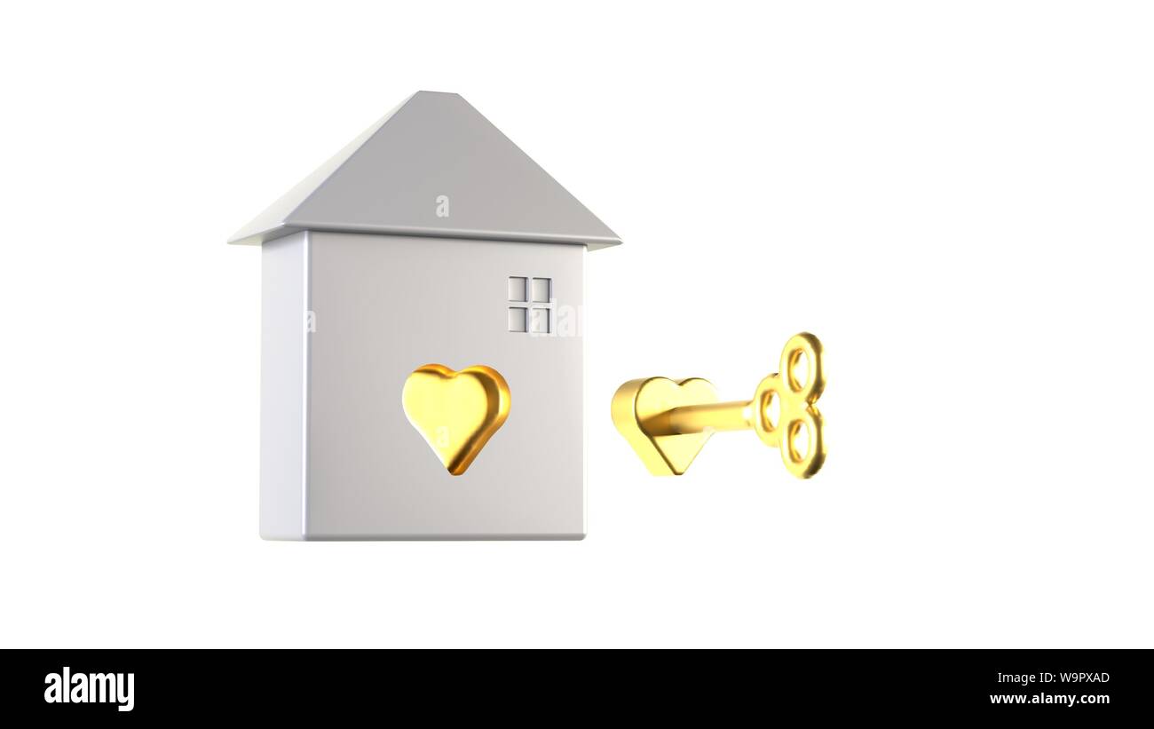 3d rendering key to happiness Happy home keys to first perfect fit home love affection happy housing market golden key opportunity concept Stock Photo