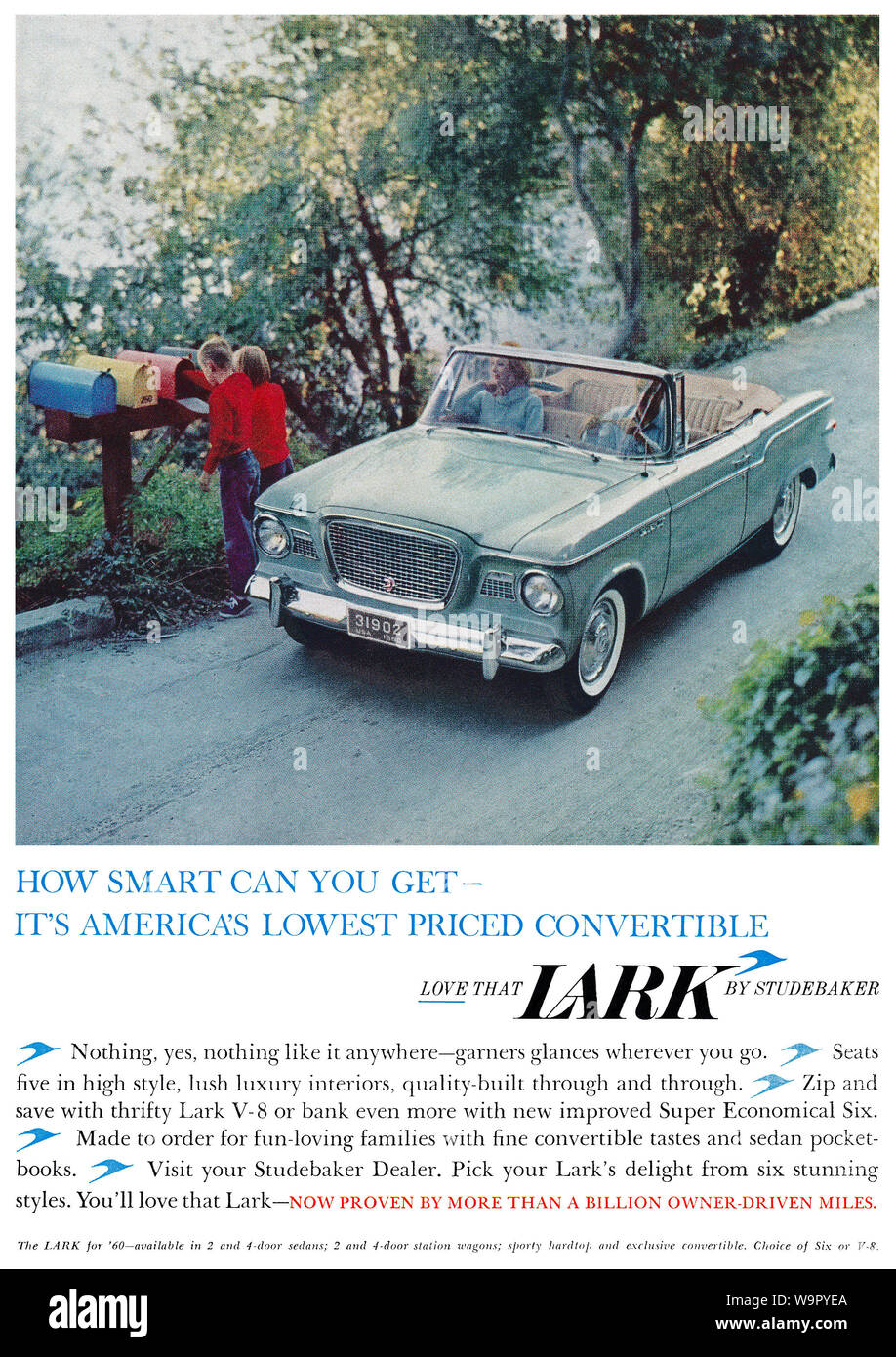 1959 U.S. advertisement for the Studebaker Lark convertible automobile. Stock Photo