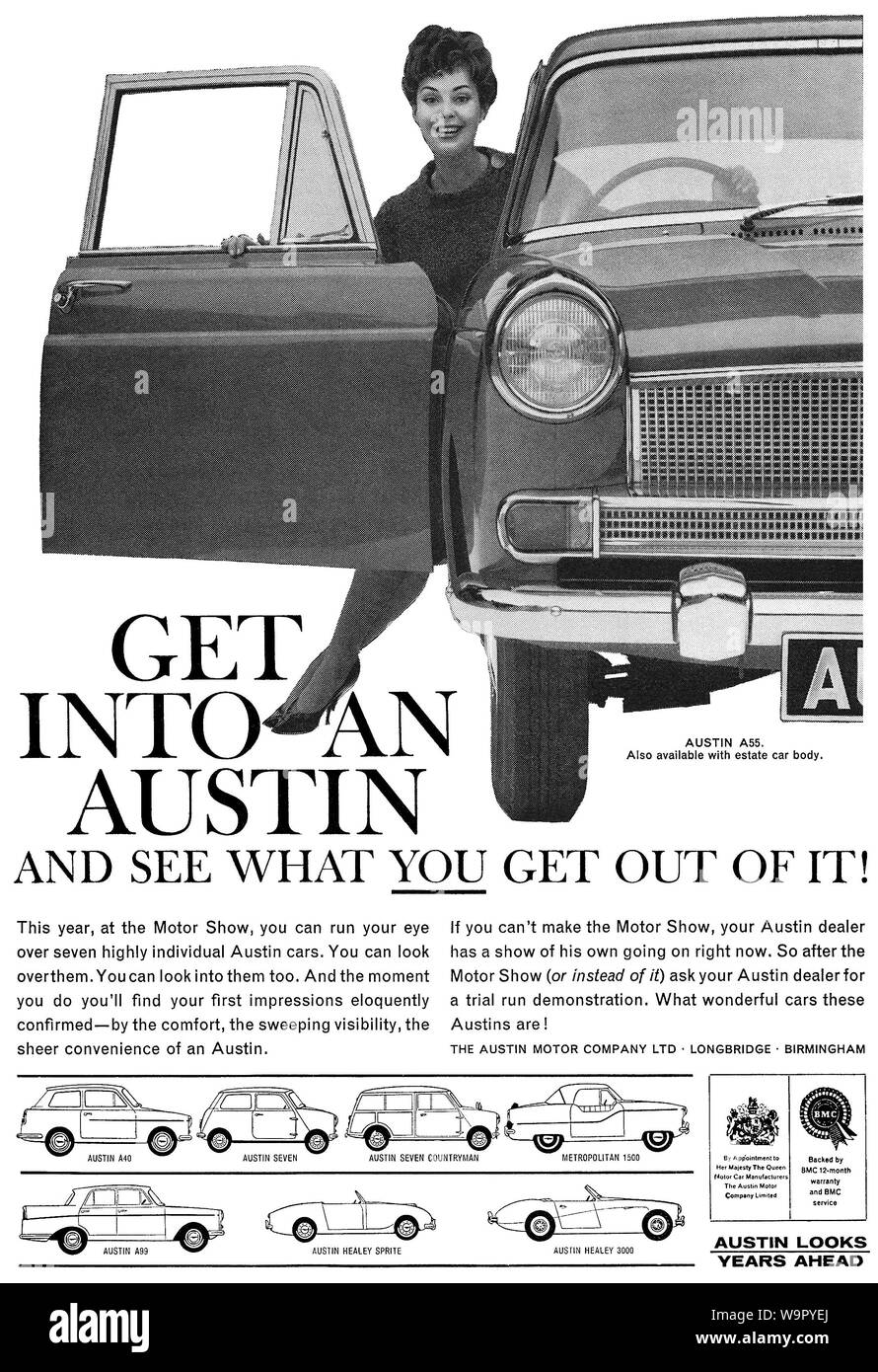 1960 British advertisement for Austin motor cars, featuring the Austin A55. Stock Photo