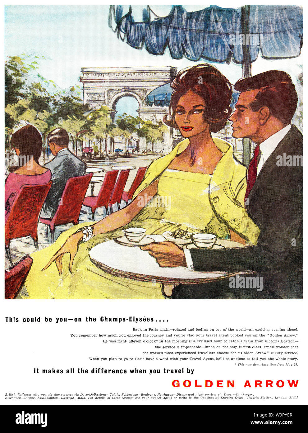 1960 British advertisement for British Railways' London to Paris Golden Arrow service. Stock Photo