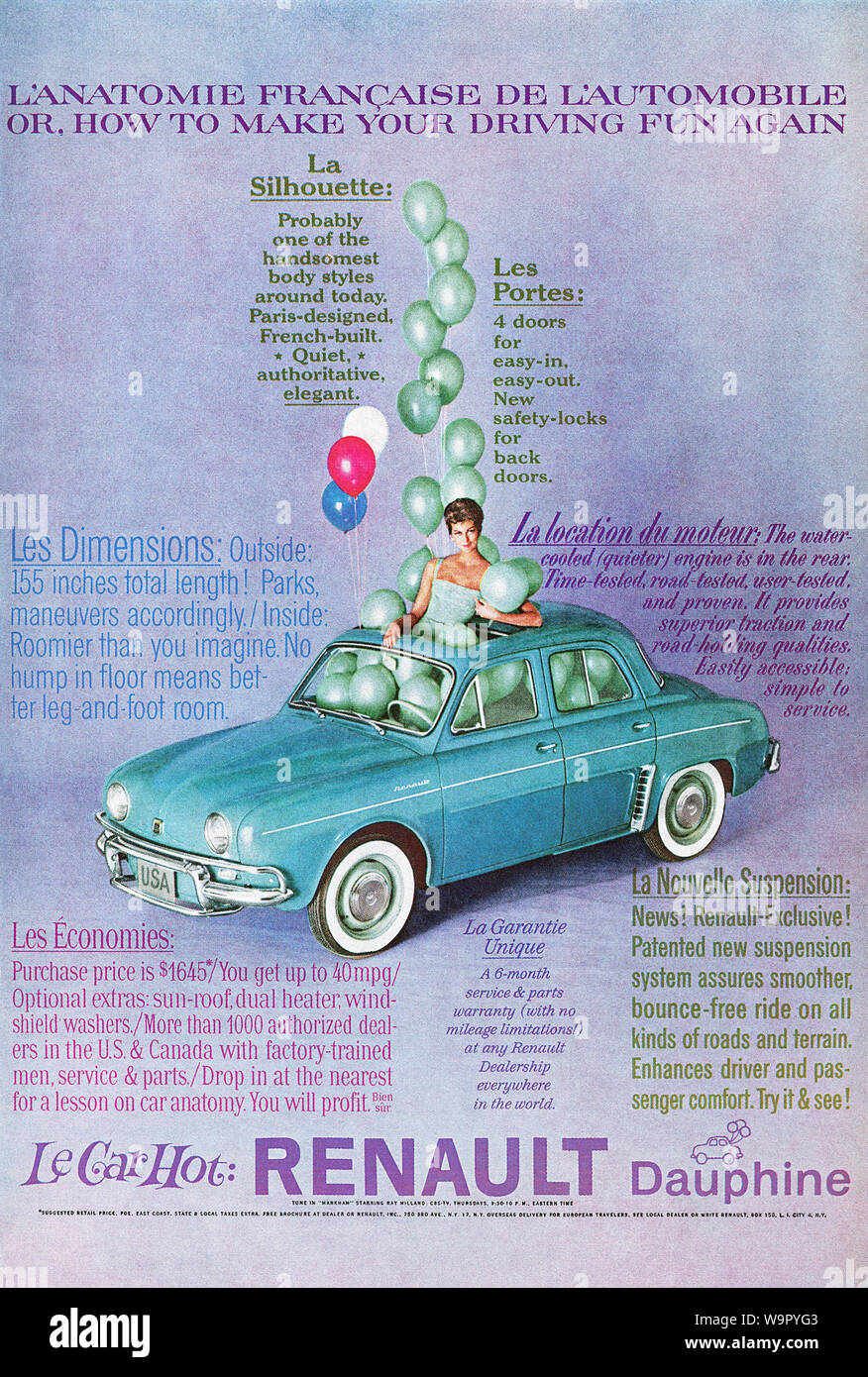 1960 U.S. advertisement for the Renault Dauphine automobile. Stock Photo