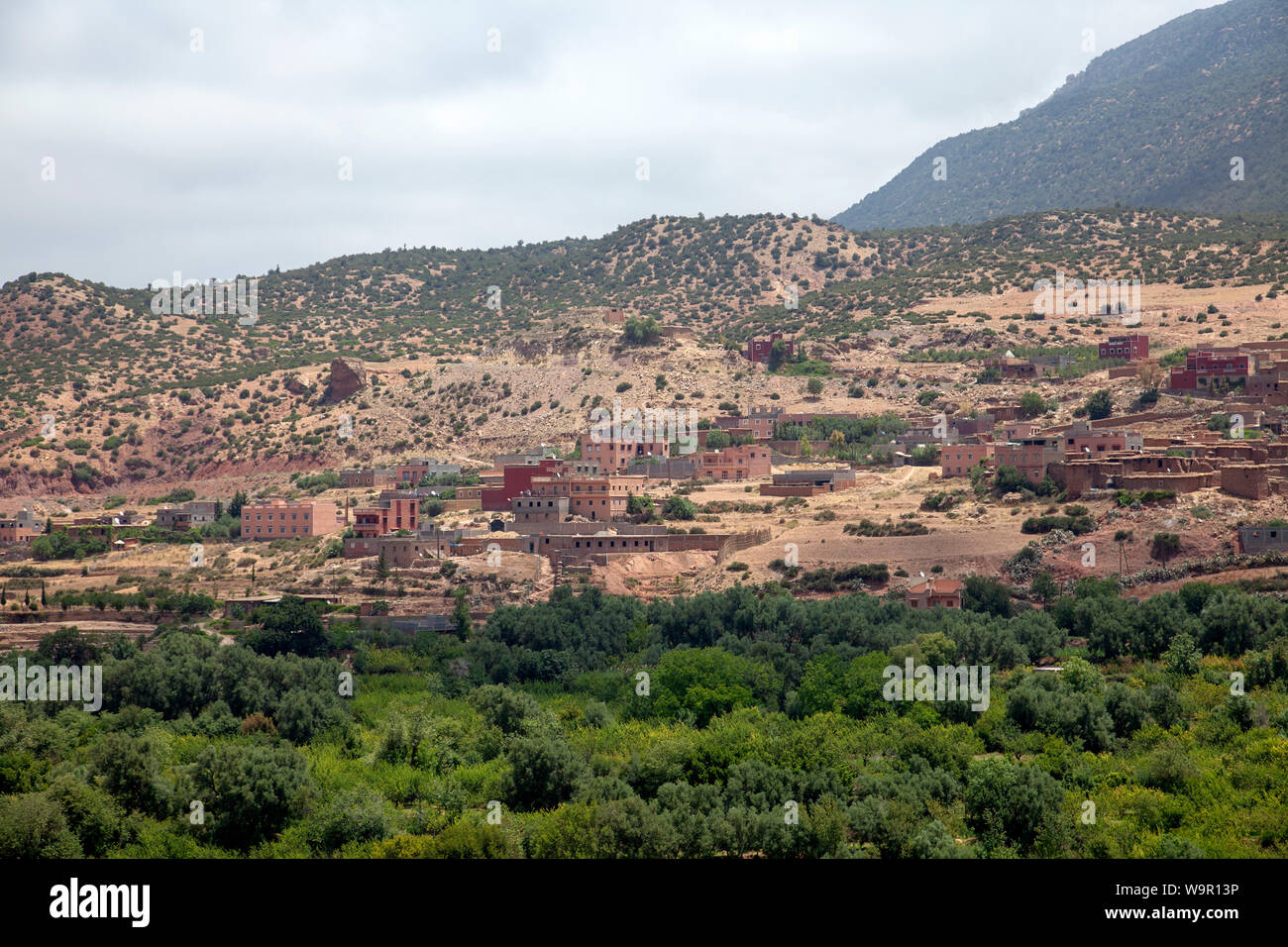 View of Asni Valley Buildings in Atlas Mountains from Kasbah Tamadot in Morocco Stock Photo