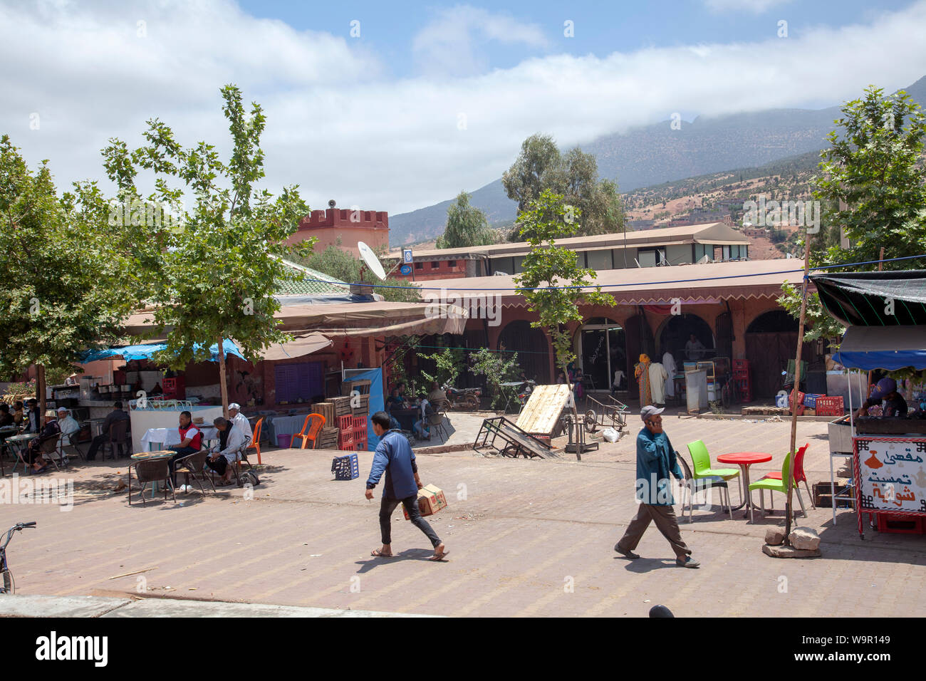 Asni Market Food Kiosks on Square in Atlas Mountains near Marrakech, Morocco Stock Photo