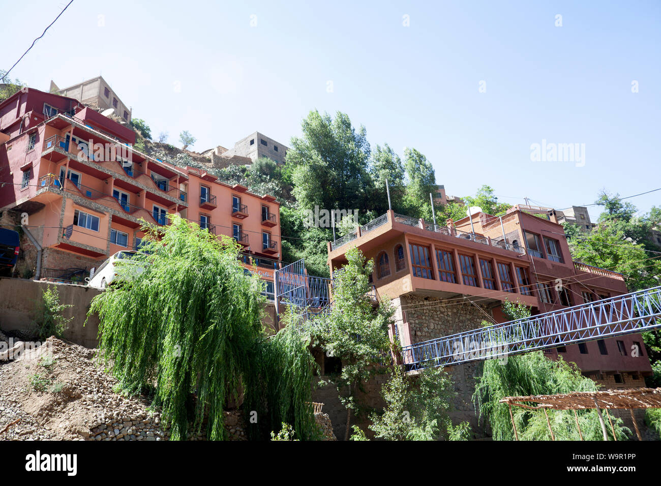 Buildings on the River at Sti Fadma, Ourika Valley in the Atlas Mountains, Morocco Stock Photo