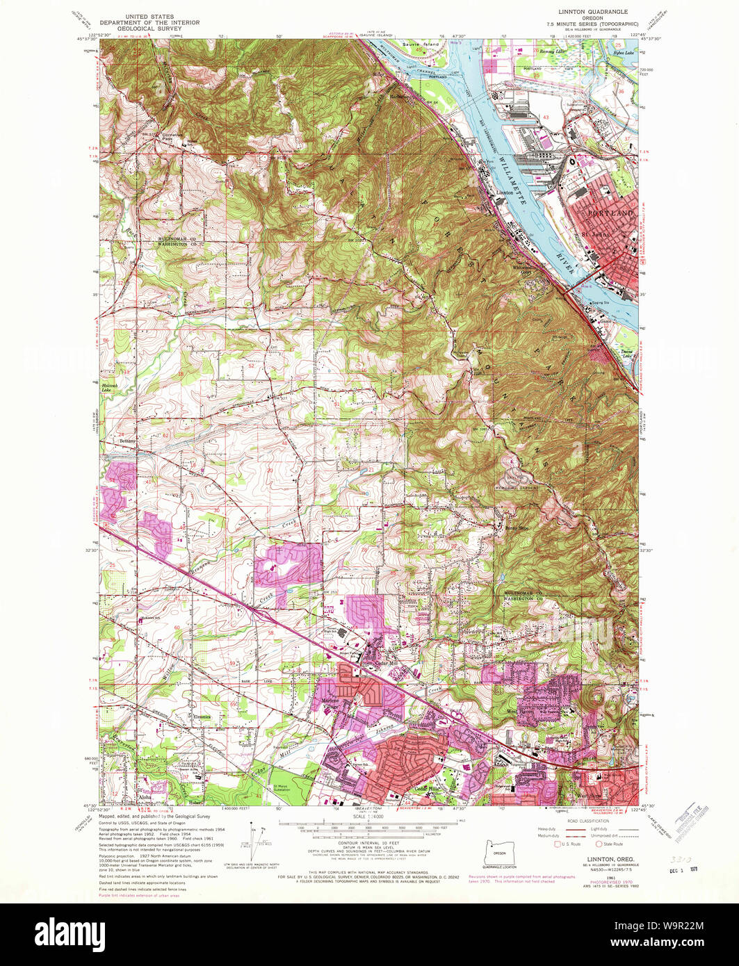 USGS Topo Map Oregon Linnton 280528 1961 24000 Restoration Stock Photo