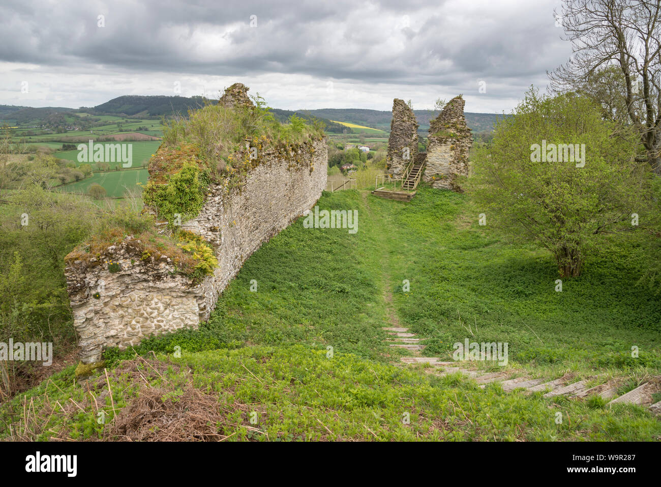 Wigmore castle near Ludlow in Herefordshire, England. A ruined medieval ...