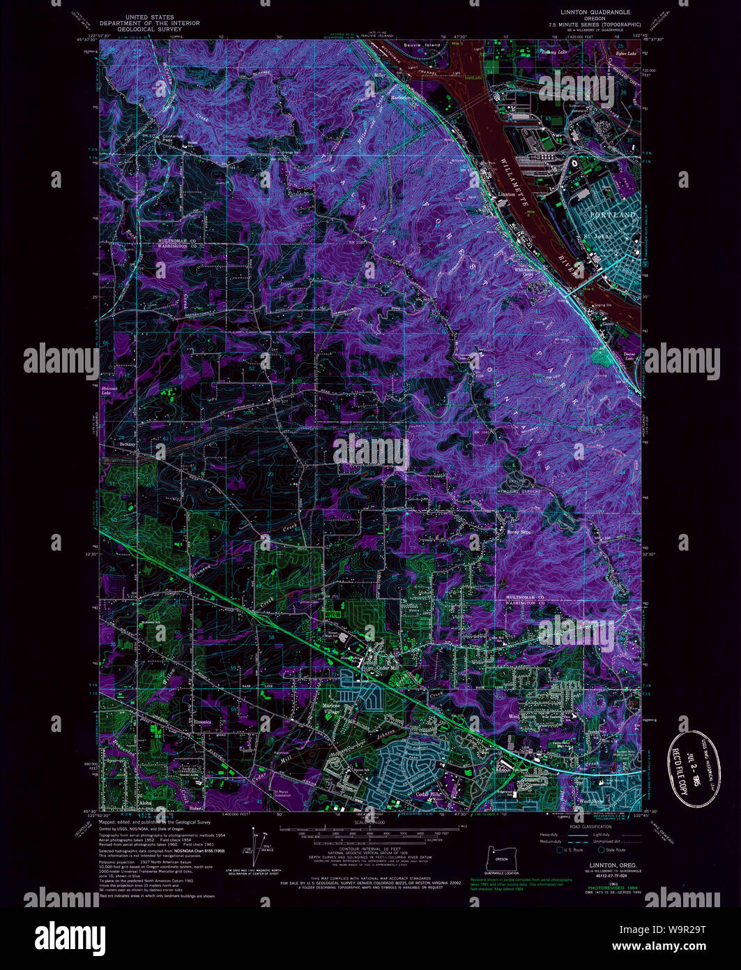 USGS Topo Map Oregon Linnton 280531 1961 24000 Inverted Restoration Stock Photo