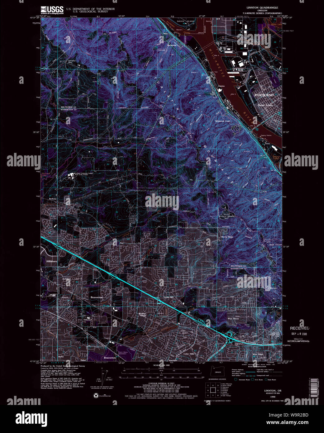 USGS Topo Map Oregon Linnton 280532 1990 24000 Inverted Restoration Stock Photo