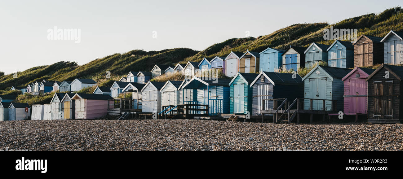 Milford on Sea,UK July 13,2019 Panoramic view of beach huts during