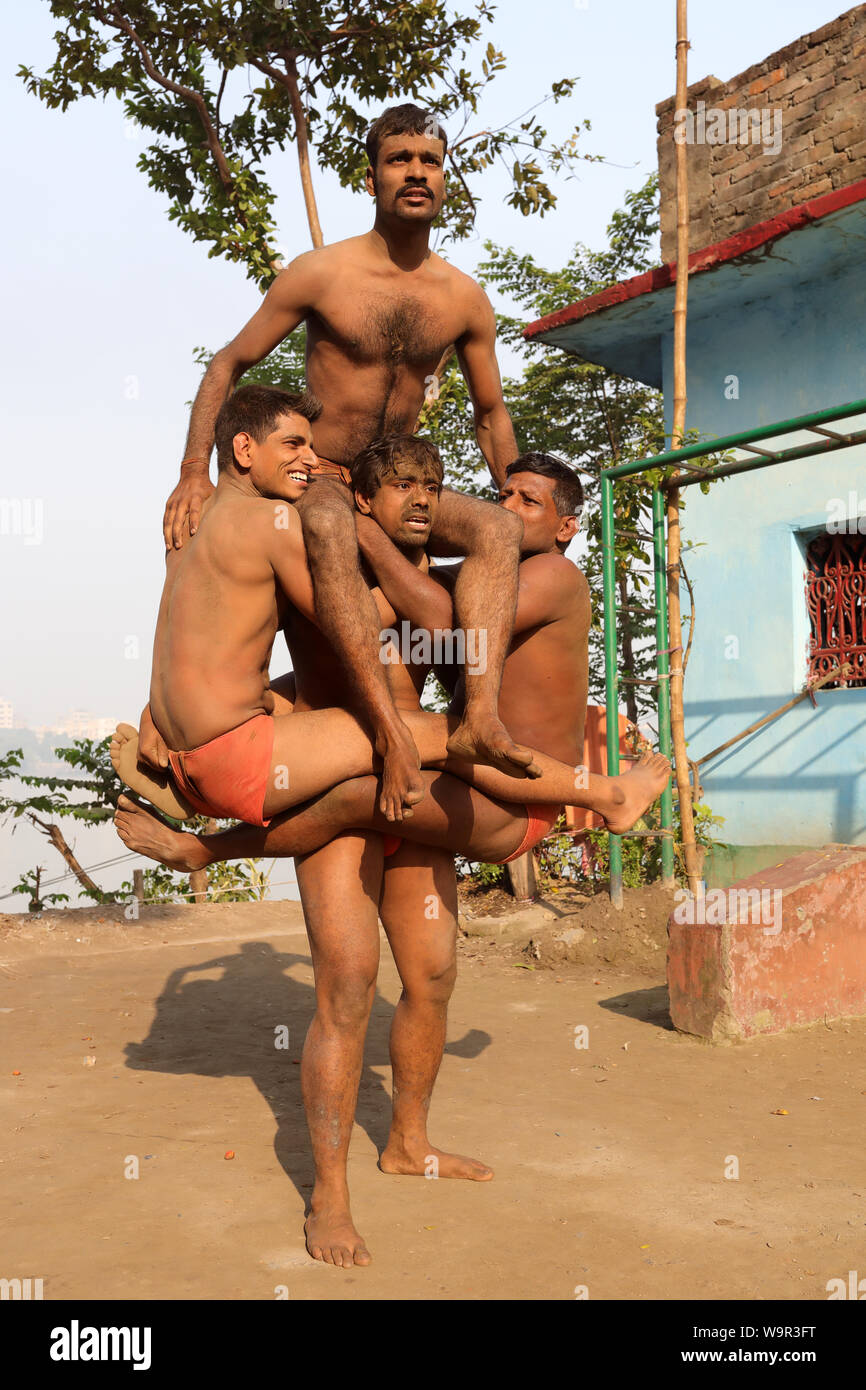 Pehlwan wrestlers in a kushti akhara in Kolkata, India. Kushti is a traditional form of wrestling in India. Stock Photo