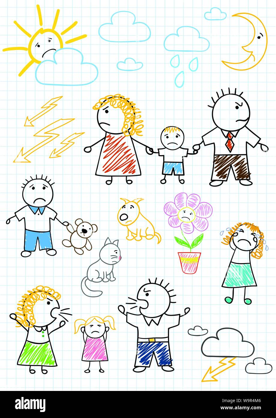 Vector drawings - conflicts within the family, parents quarrel. Sketch on notebook page Stock Vector