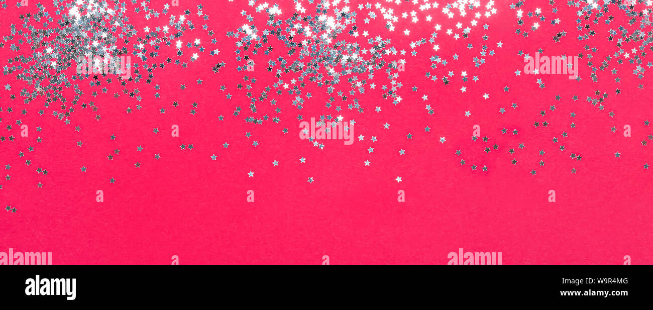 Banner With Shiny Star Shaped Confetti On Red Background Stock