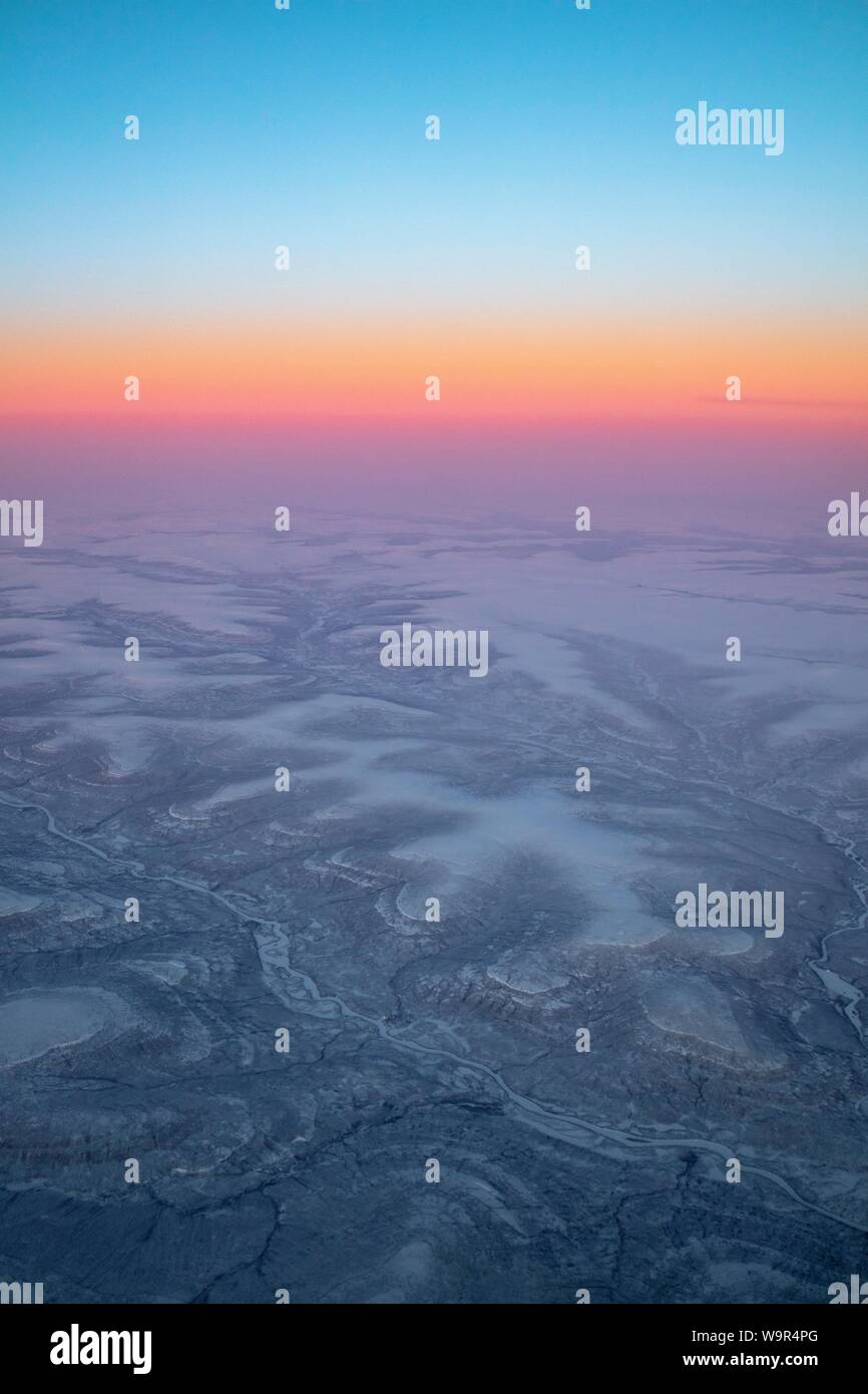 Aerial view, sunrise over the Central Siberian Highlands between Norilsk and Baykitskiy Rayon, Krasnoyarsk region, Russia Stock Photo