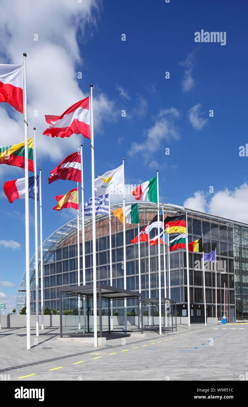 International flags waving in front of European Investment Bank, European District Kirchberg-Plateau, Luxembourg City, Luxembourg Stock Photo