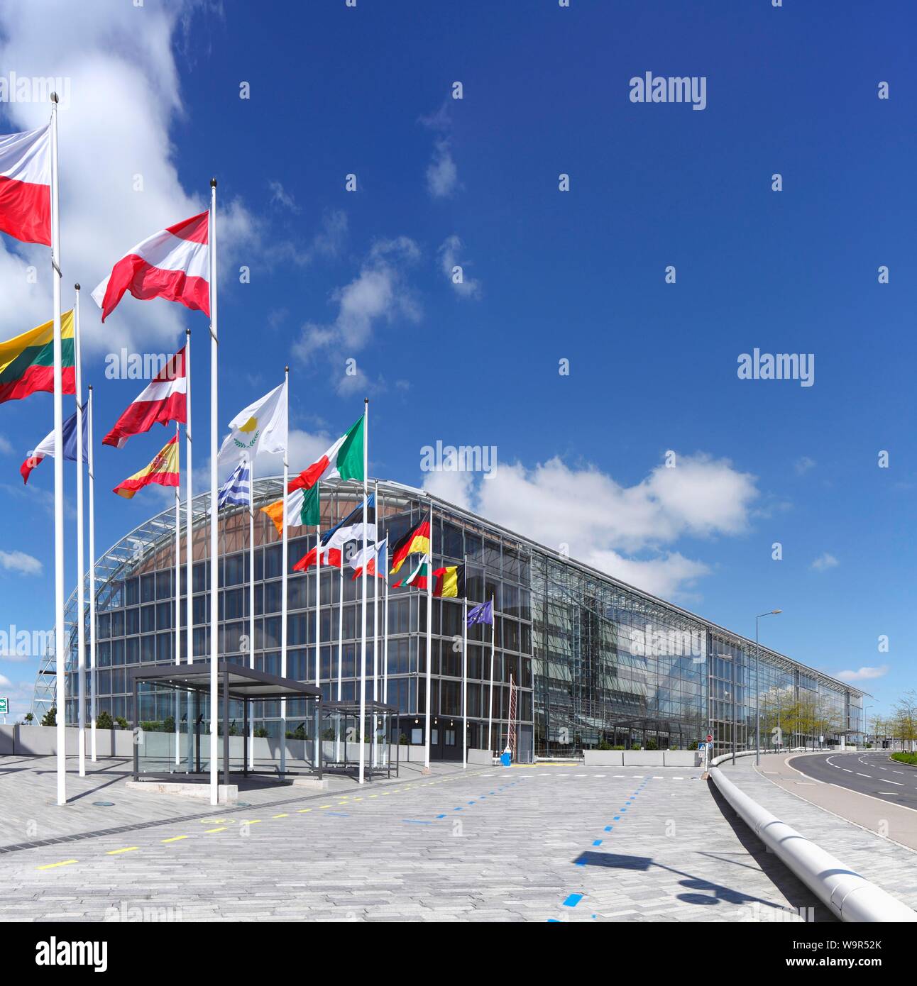 International flags waving in front of European Investment Bank, European District Kirchberg-Plateau, Luxembourg City, Luxembourg Stock Photo