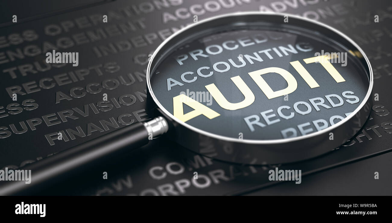 Magnifying glass with focus on the word audit written in golden letters and other accounting words over black background. 3D illustration. Stock Photo