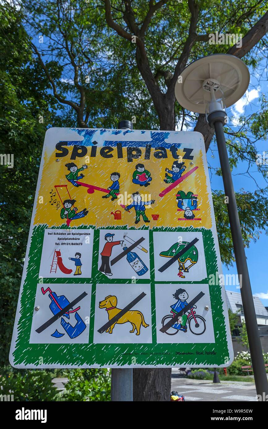 Sign playground with rules of conduct, Bavaria, Germany Stock Photo