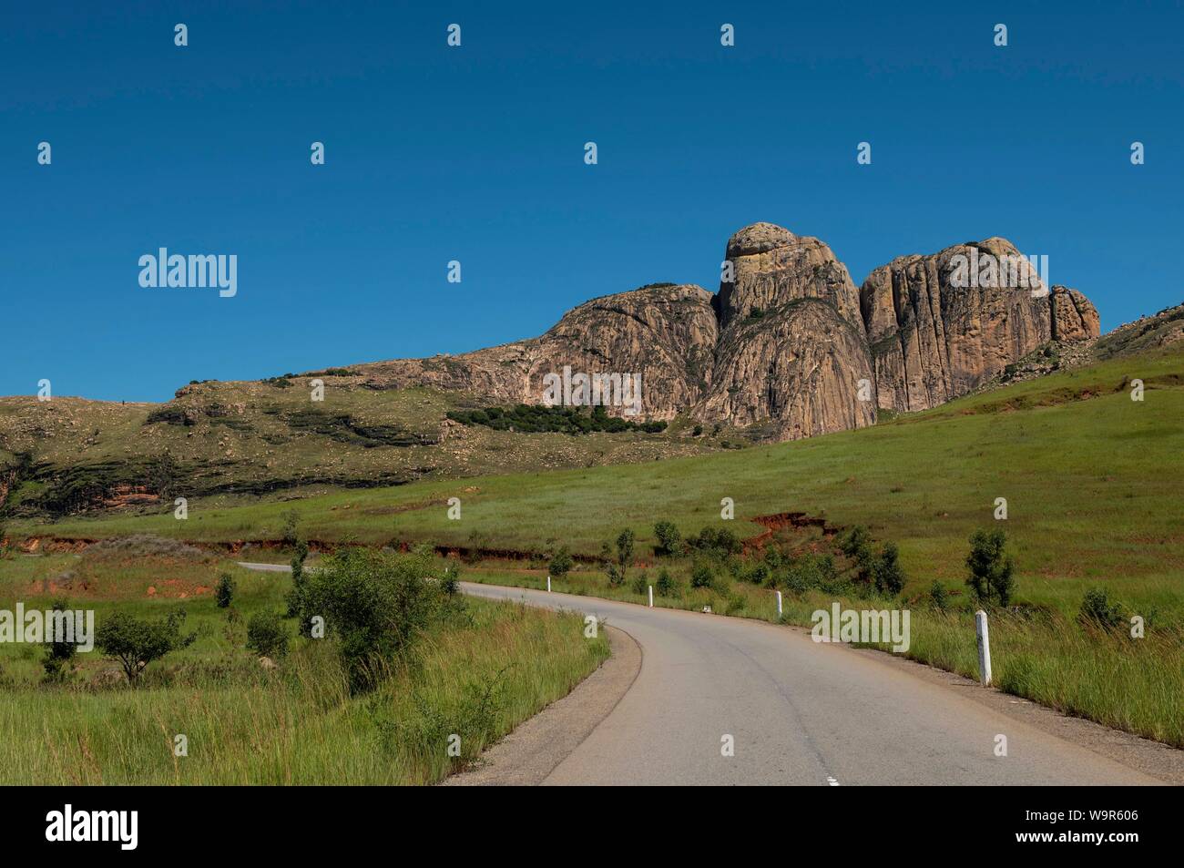 National road RN7 with view to Bischofshut, monolith on the south route, Madagascar Stock Photo