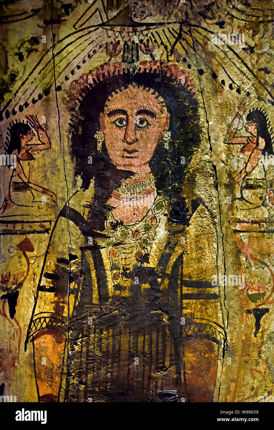 Bottom of the coffin of Chelidonia early 3rd century AD Thebes  (Tamarind wood painted with tempera Thebes tombs) Egypt Egyptian , In Roman times, the ancient Thebes no longer exists: the city of Diospolis Magna (Louqsor) extends on the east bank of the Nile while the west bank (Memnonia) now depends on the city of Hermonthis (Armant ). The long-established funerary tradition for the Egyptian elite is better maintained here than elsewhere, by the care given to mummification, the skilful integration of ancient iconography and the use of cartonnage techniques, especially in stuccoed linen. Stock Photo