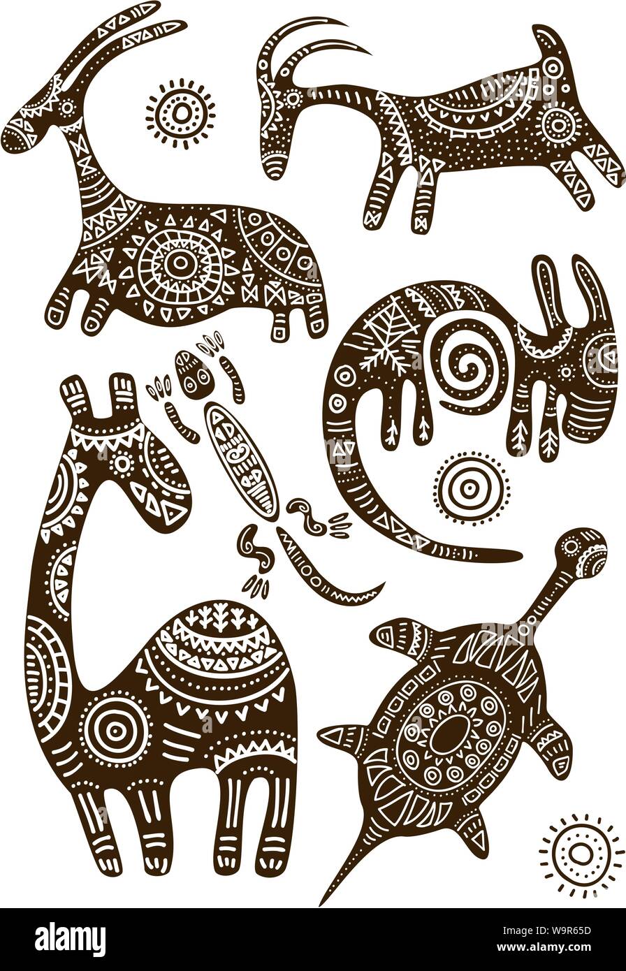 Collection of vector African traditional patterns with animals Stock Vector