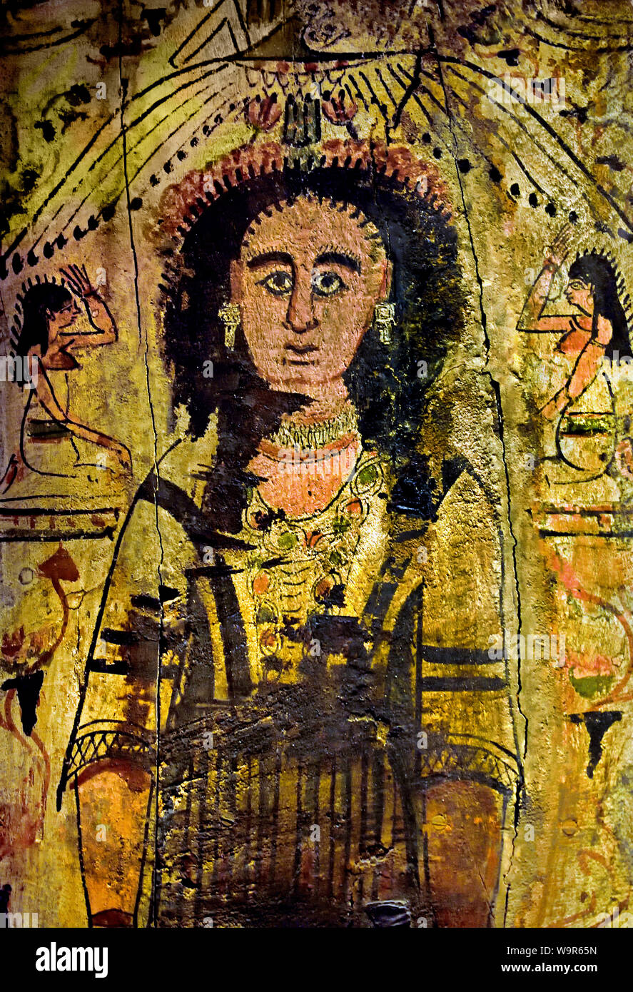 Bottom of the coffin of Chelidonia early 3rd century AD Thebes  (Tamarind wood painted with tempera Thebes tombs) Egypt Egyptian , In Roman times, the ancient Thebes no longer exists: the city of Diospolis Magna (Louqsor) extends on the east bank of the Nile while the west bank (Memnonia) now depends on the city of Hermonthis (Armant ). The long-established funerary tradition for the Egyptian elite is better maintained here than elsewhere, by the care given to mummification, the skilful integration of ancient iconography and the use of cartonnage techniques, especially in stuccoed linen. Stock Photo