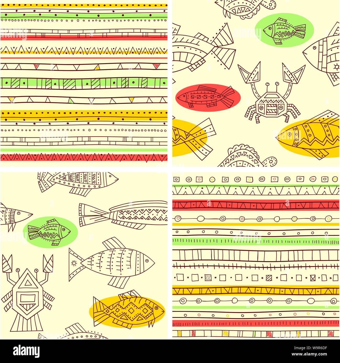 Collection of seamless vector ethnicity patterns with fish, crab and cancer. Endless texture can be used for pattern fills, web page background, surfa Stock Vector