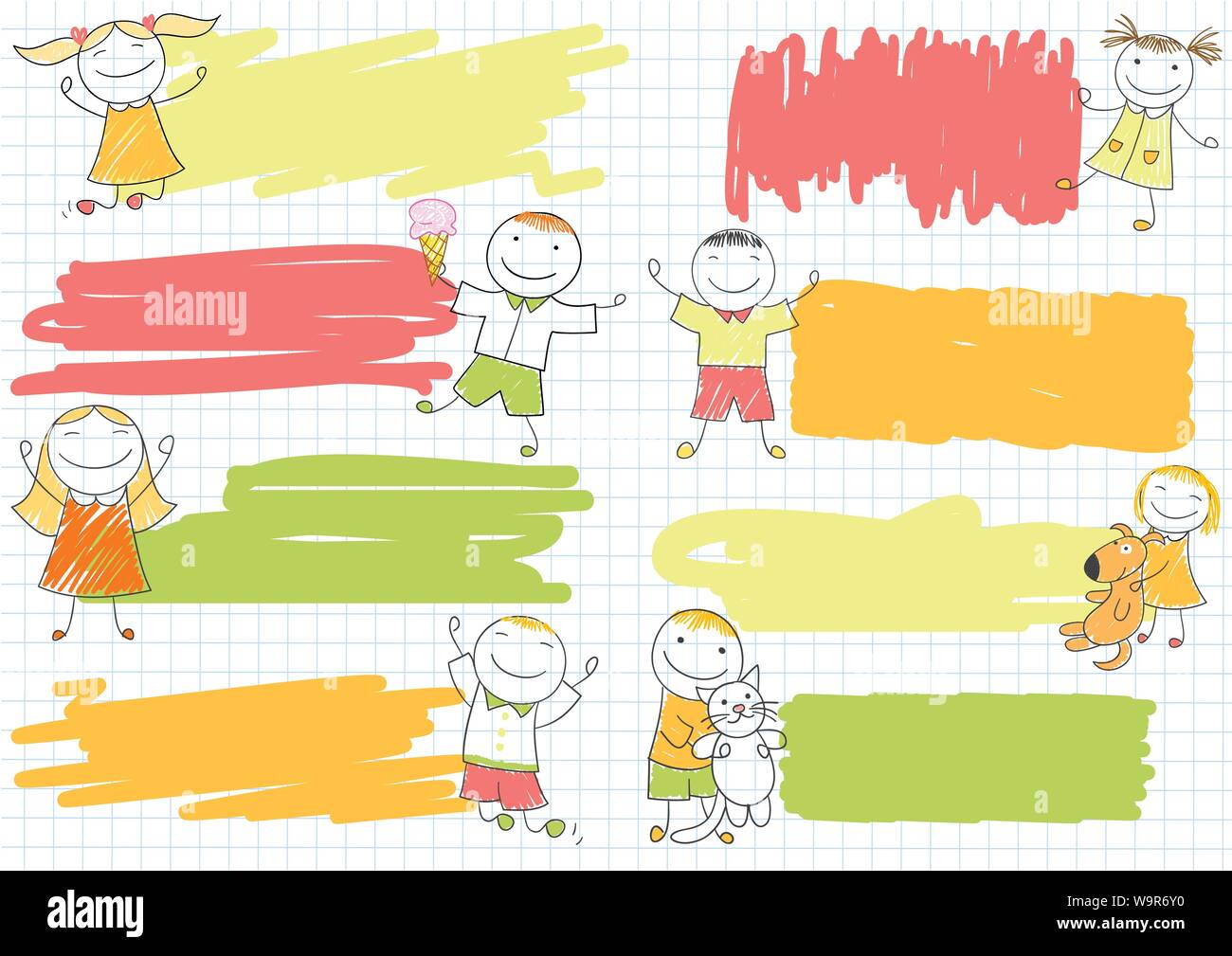 Collection Of Scribble Banners With Happy Boys And Girls Sketch