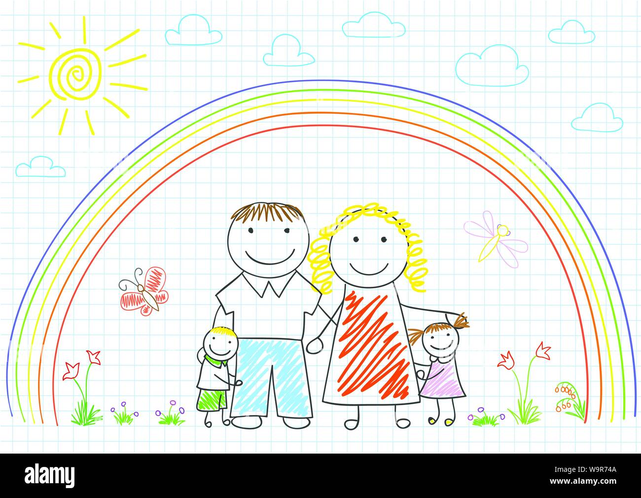 Happy family - mom, dad and two children. Sketch on notebook page Stock ...