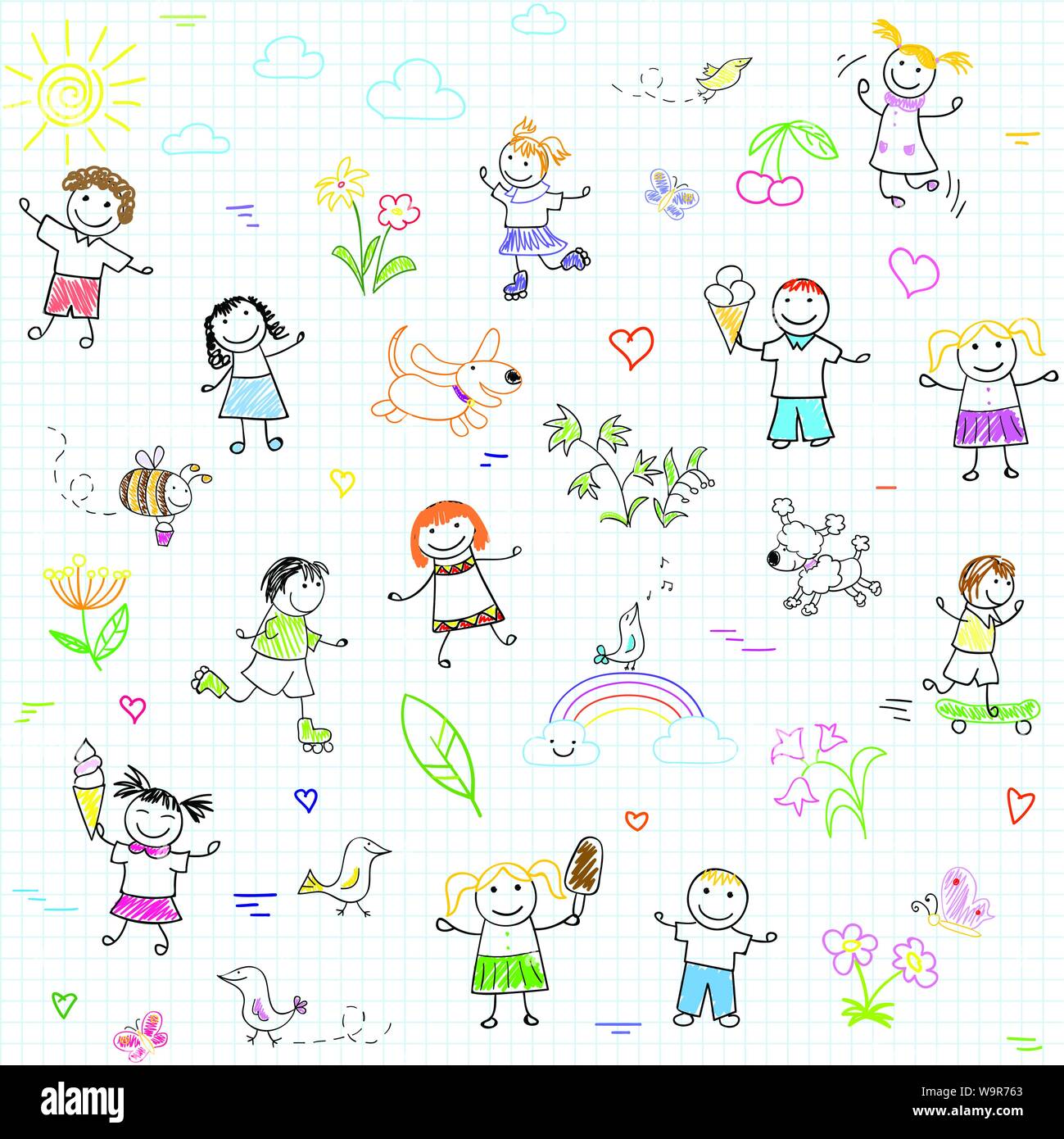 Seamless background with happy friends, playing outdoors. Sketch on