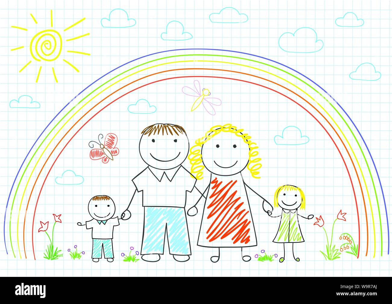 Happy family - mom, dad and two children. Sketch on notebook page Stock Vector