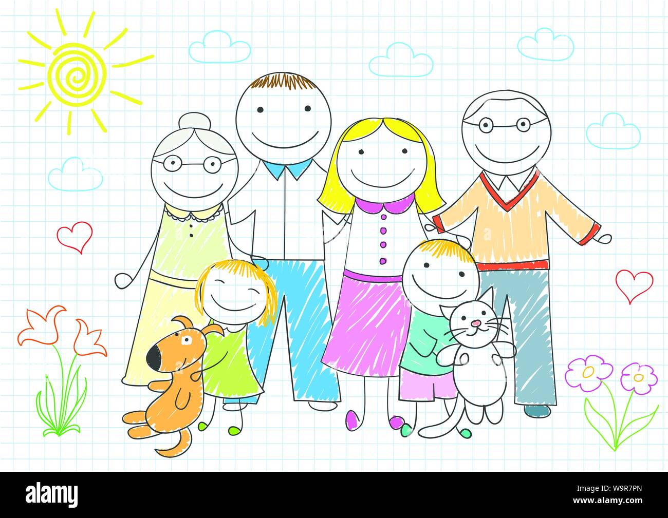 Happy family - mother, father, son, daughter, grandmother, grandfather.  Vector sketch on notebook page on doodle style Stock Vector Image & Art -  Alamy