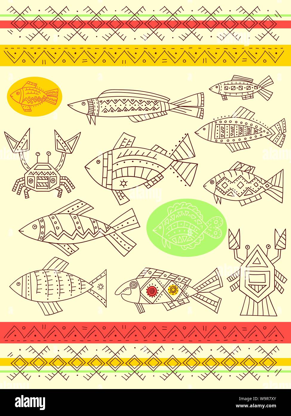 Collection of vector ethnicity patterns with fish, crab and cancer Stock Vector